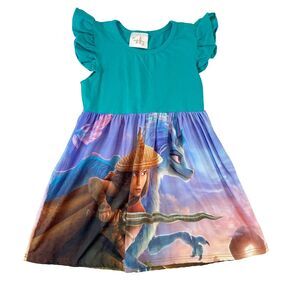 Little Bear & Bean Boutique Dress Girls 6-7T Teal Water Dragon Raya Flutter